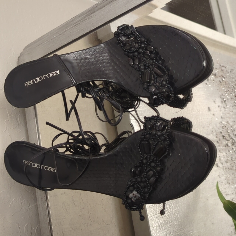Sergio Rossi Stilleto Kitten Heels with Black Beaded Strap and Ankle Wrap Ties